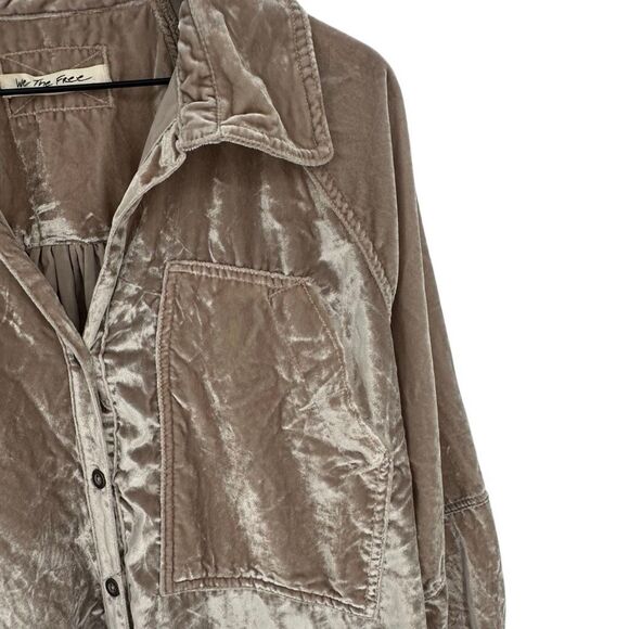 Free People Night Skies Velvet Top Medium Mushroom Button Down Oversized - Picture 4 of 10